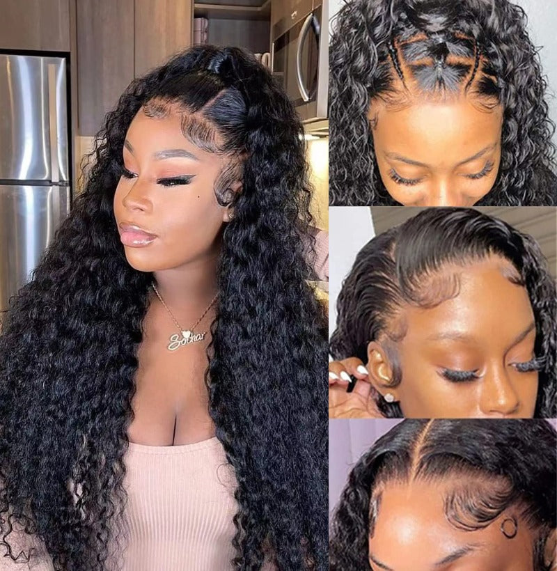 13x4 HD Transparent Curly Deep Wave 180% Density Lace Frontal Wigs Pre Plucked Virgin Human Hair Wigs