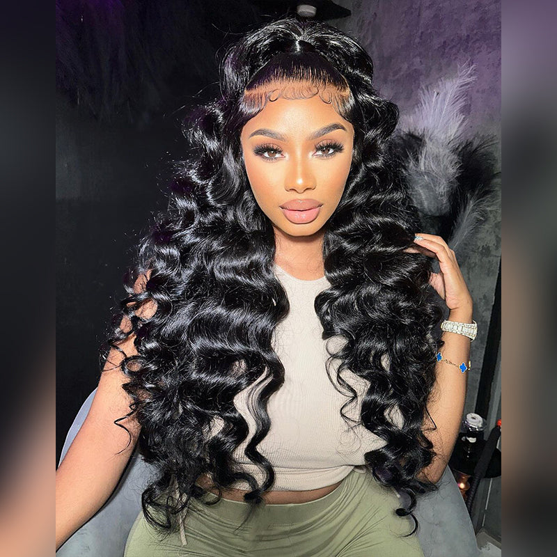 250 300 Density Wand curls 13x4 Transparent Lace Front Loose Deep Wave Human Hair Wigs