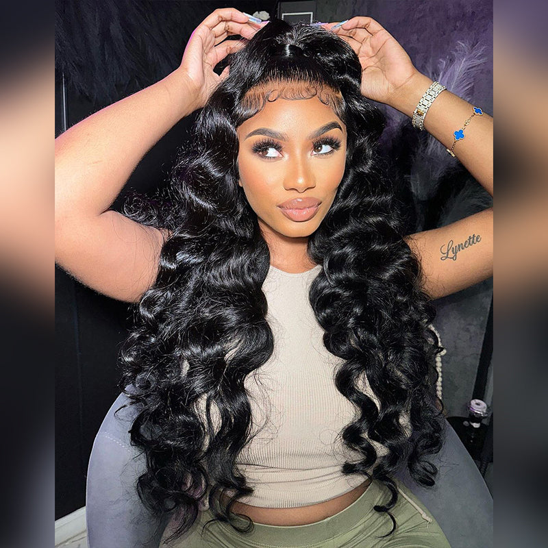250 300 Density Wand curls 13x4 Transparent Lace Front Loose Deep Wave Human Hair Wigs