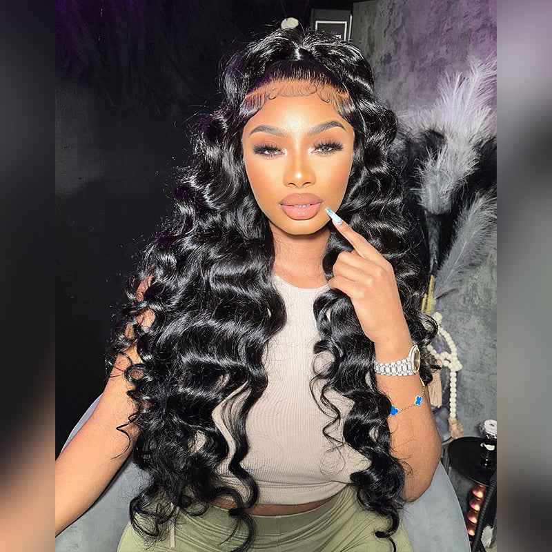 250 300 Density Wand curls 13x4 Transparent Lace Front Loose Deep Wave Human Hair Wigs