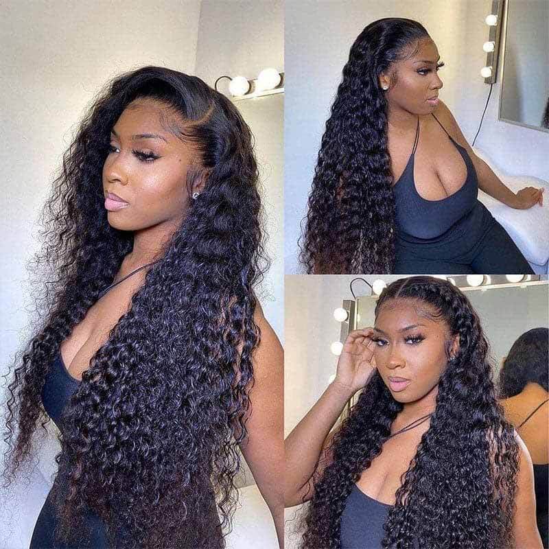 13x4 HD Transparent Curly Deep Wave 180% Density Lace Frontal Wigs Pre Plucked Virgin Human Hair Wigs