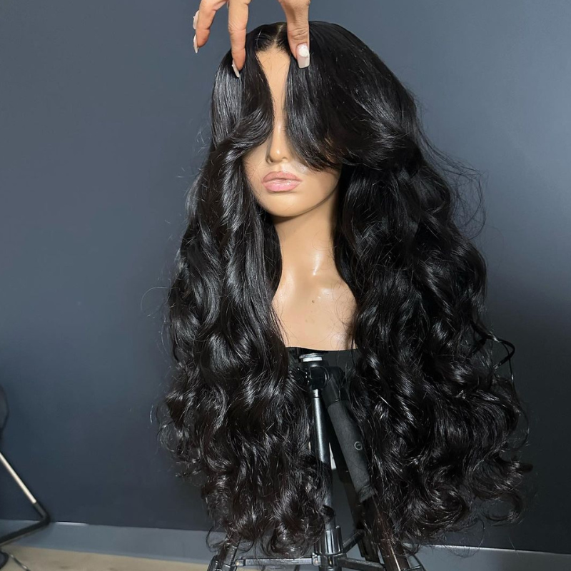 180 Density Loose Wave Lace Front Wigs with Curtain Bangs 13x4 Transparent HD Lace Nature Wave Wig For Women