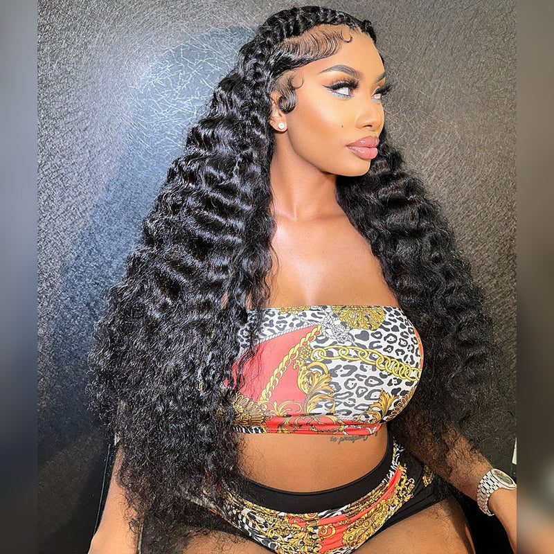 200 250 Density 13x6 Transparent Lace Front Deep Wave Human Hair Wigs