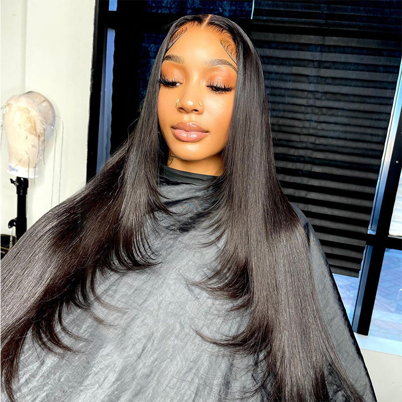 Layered Cut Straight Hair Wig 250% Density 13x4 HD Transparent Human Hair Wigs