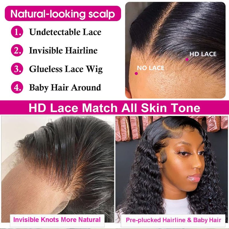 13x4 HD Transparent Curly Deep Wave 180%  Density Lace Frontal Wigs Pre Plucked Virgin Human Hair Wigs