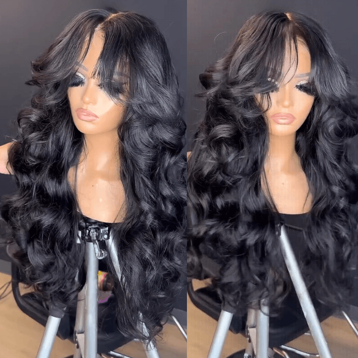 180 Density Loose Wave Lace Front Wigs with Curtain Bangs 13x4 Transparent HD Lace Nature Wave Wig For Women