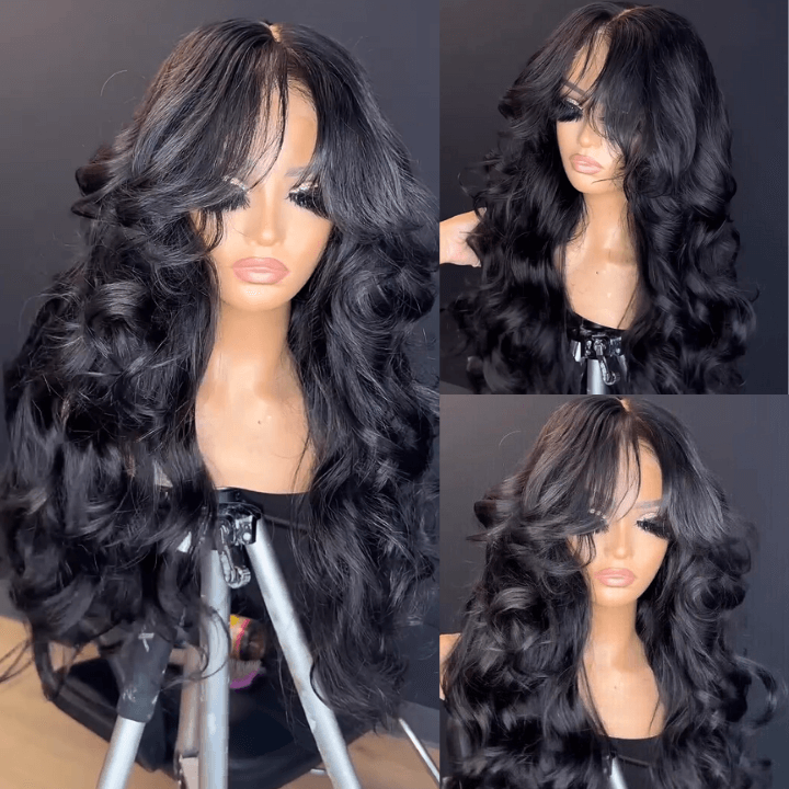 180 Density Loose Wave Lace Front Wigs with Curtain Bangs 13x4 Transparent HD Lace Nature Wave Wig For Women
