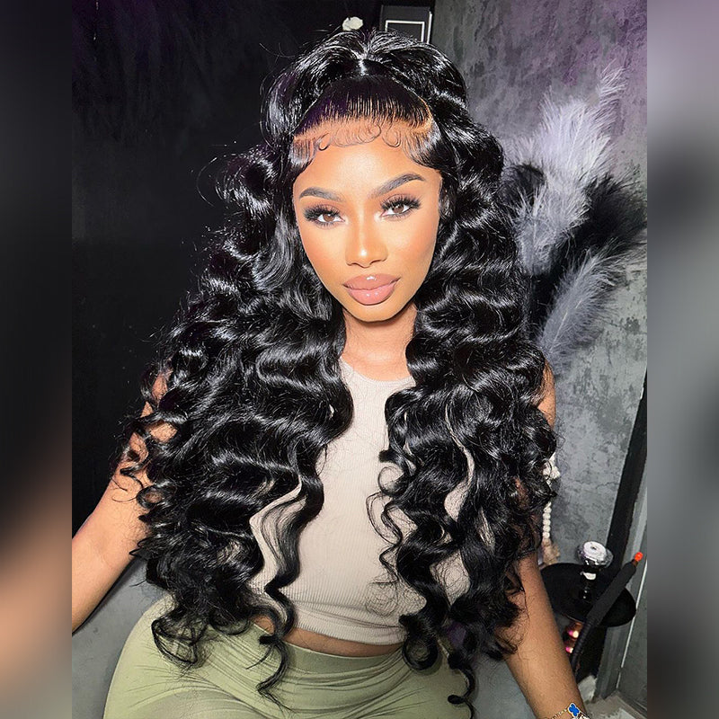 250 300 Density Wand curls 13x4 Transparent Lace Front Loose Deep Wave Human Hair Wigs